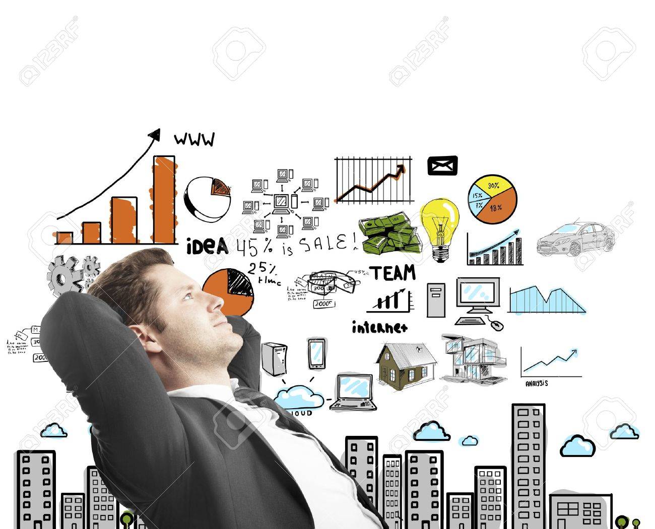 1300x1051 Man Sitting And Thinking Drawing Concept City Stock Photo, Picture