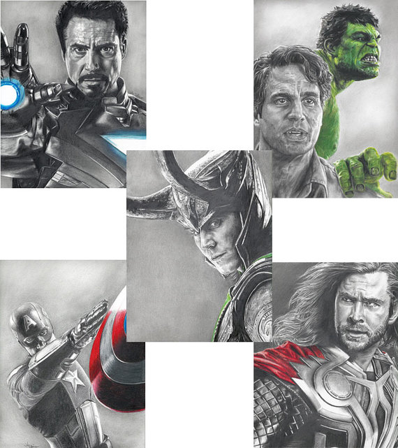 570x641 5 Drawing Prints, Including Loki, Hulk, Thor, Iron Man And Captain