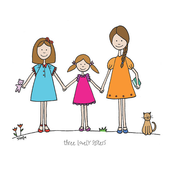 570x569 Sisters Art Print Three Lovely Sisters Drawing Girls Room