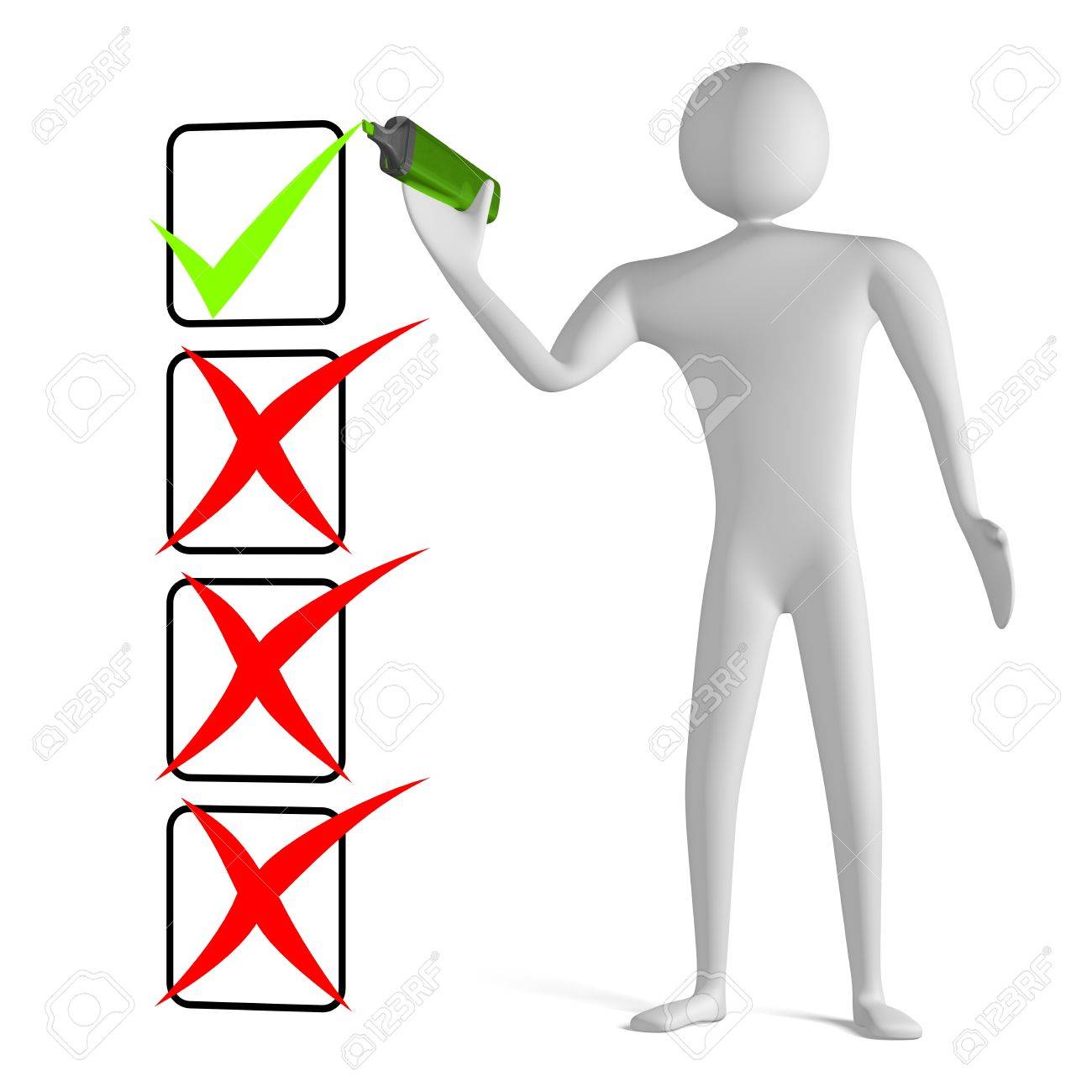 1300x1300 3d Man With Marker Drawing Green Tick In Checklist With Cross
