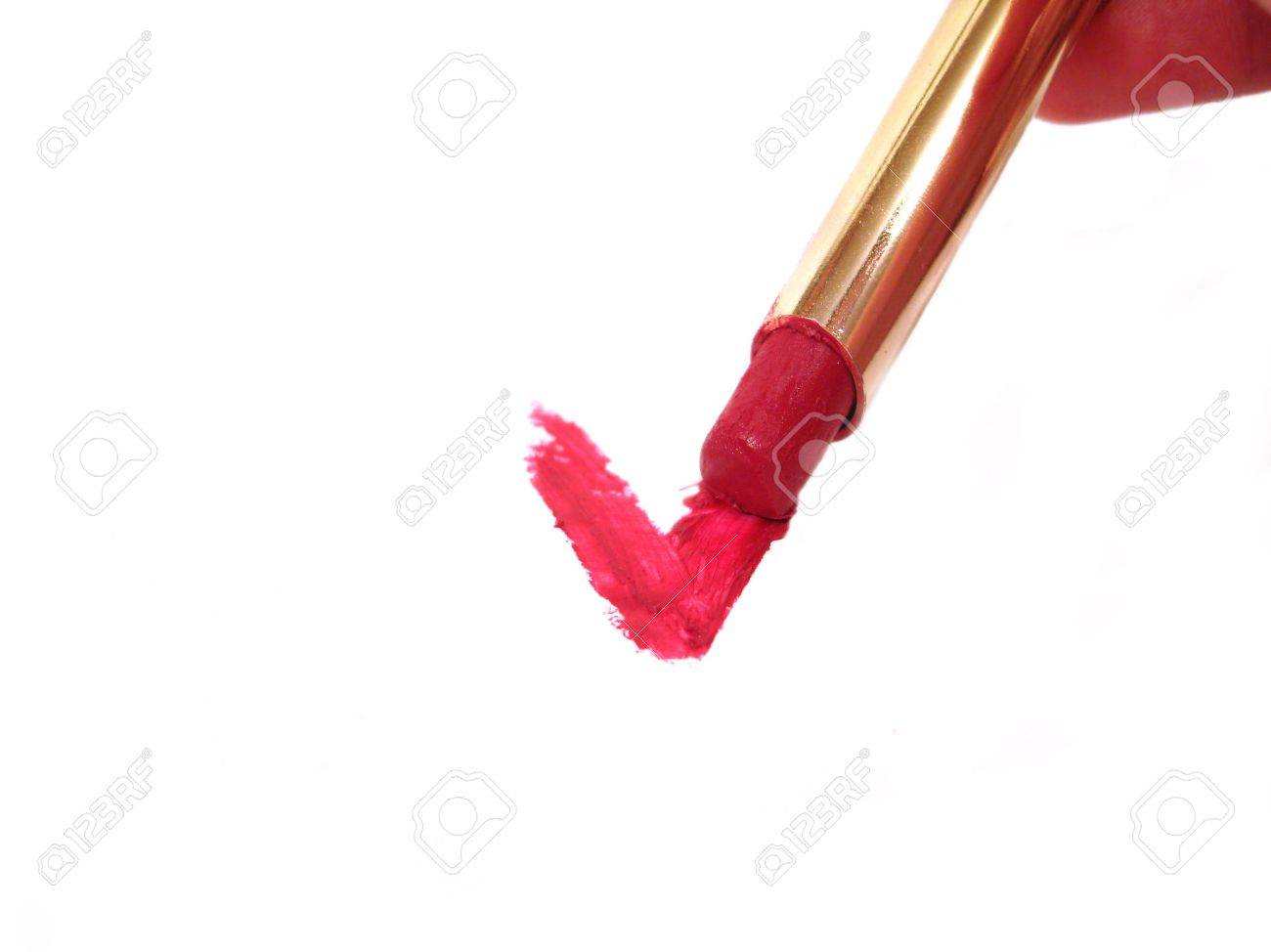 1300x974 Drawing A Tick Or Letter V With Red Lipstick On White Stock Photo