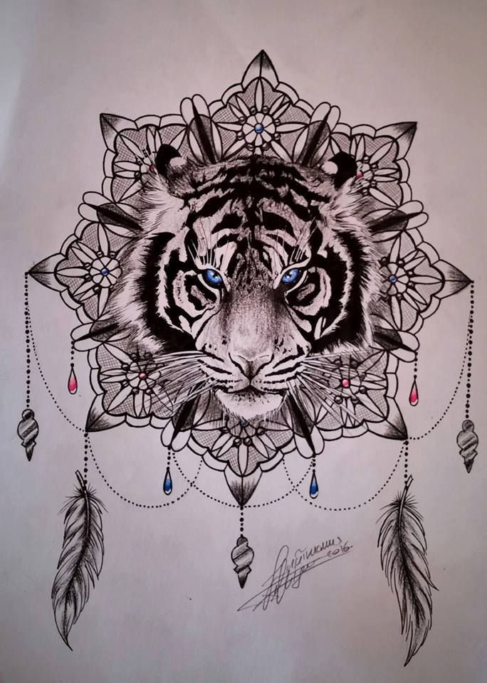 684x960 Blue Eyes Tiger Head On Mandala Flower Tattoo Design