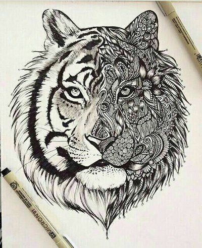 400x492 Tiger Head With Half Mandala Face Tattoo Design