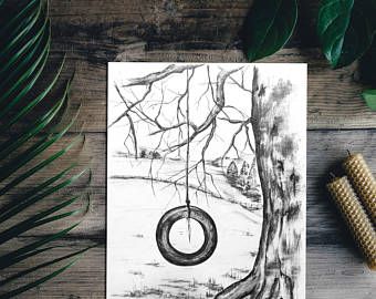 340x270 Sketch, Art, Tree Drawing, Original Pencil Tyre Swing Drawing
