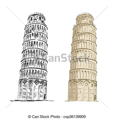 450x470 Hand Drawn Black And Color Sketch Of Leaning Tower Of Pisa