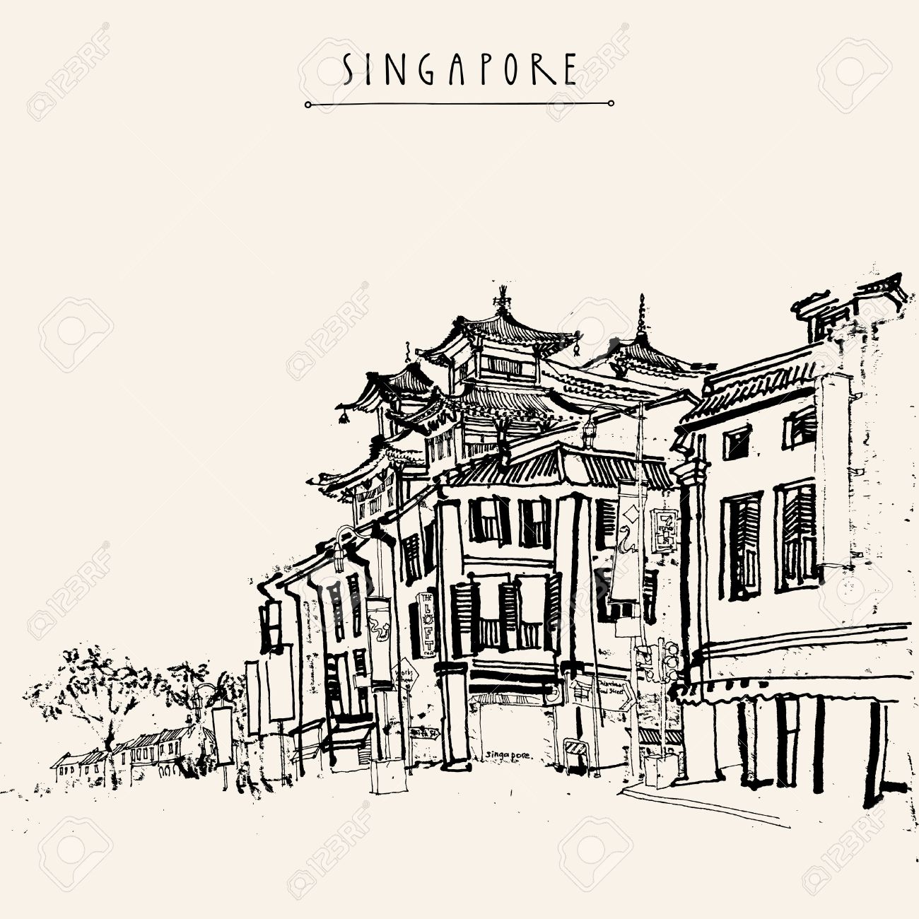 1300x1300 Singapore China Town Drawing. Vintage Travel Postcard Or Poster