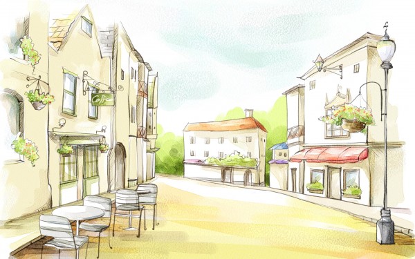 600x375 Town Street Drawing Widescreen Wallpaper Wide