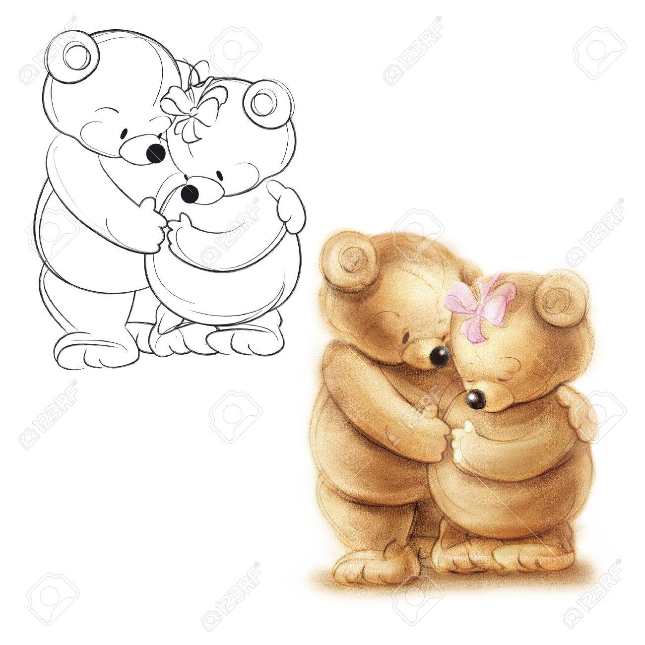 1300x1300 Loving Couple Teddy Bears. Drawing Bear. Stock Photo, Picture