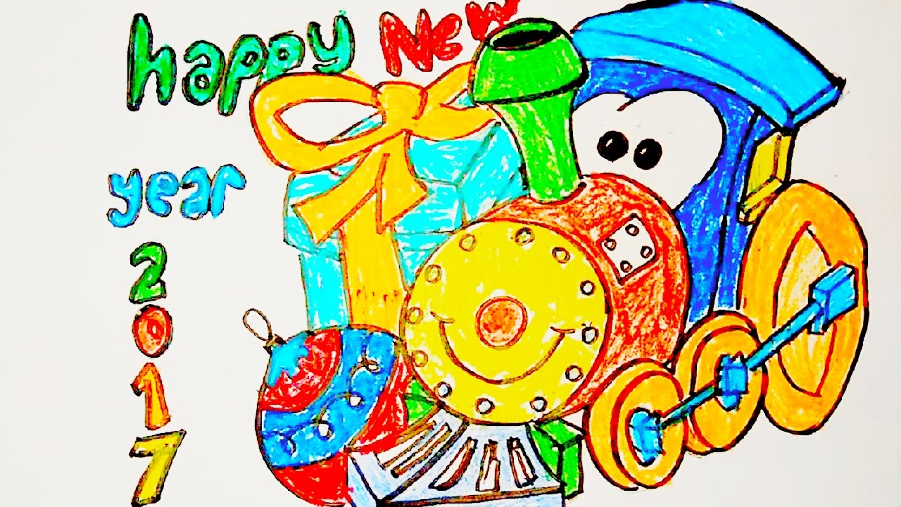 1280x720 Toy Train Greeting Cards Drawing For New Year 2017, How To Draw