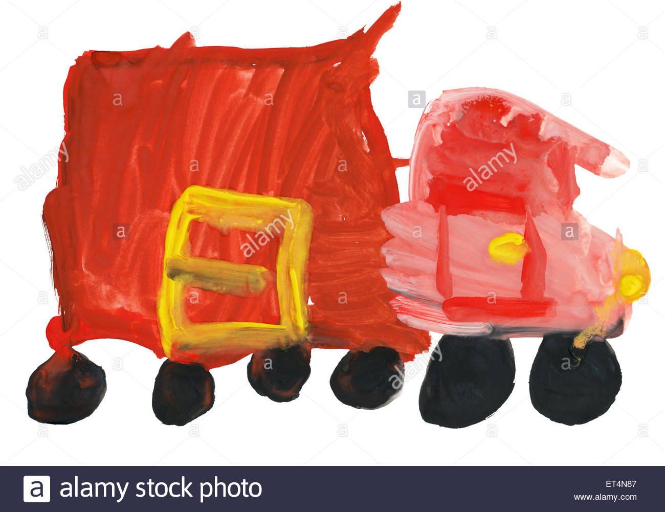 1300x1001 Child's Drawing Watercolor. Red Toy Truck Stock Photo, Royalty