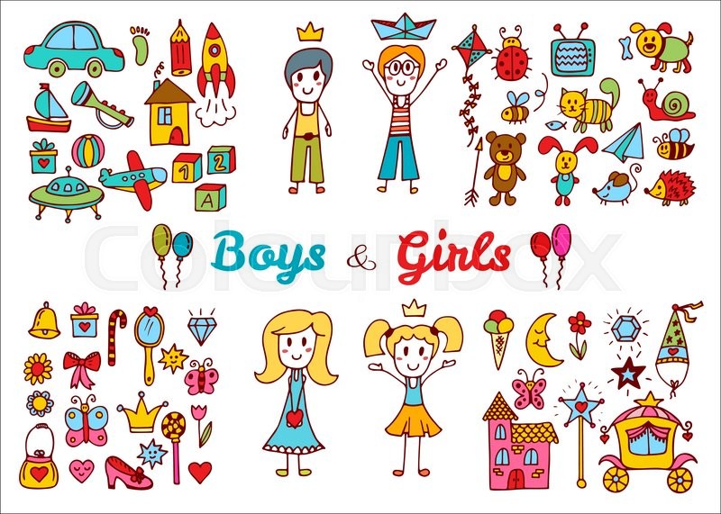 800x571 Hand Drawn Baby Boy And Girl Toys Set. Doodle Children Drawing