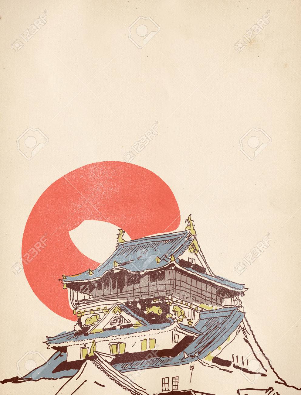 992x1300 Vector Drawing Sketch Of Traditional Japanese House On Old Paper