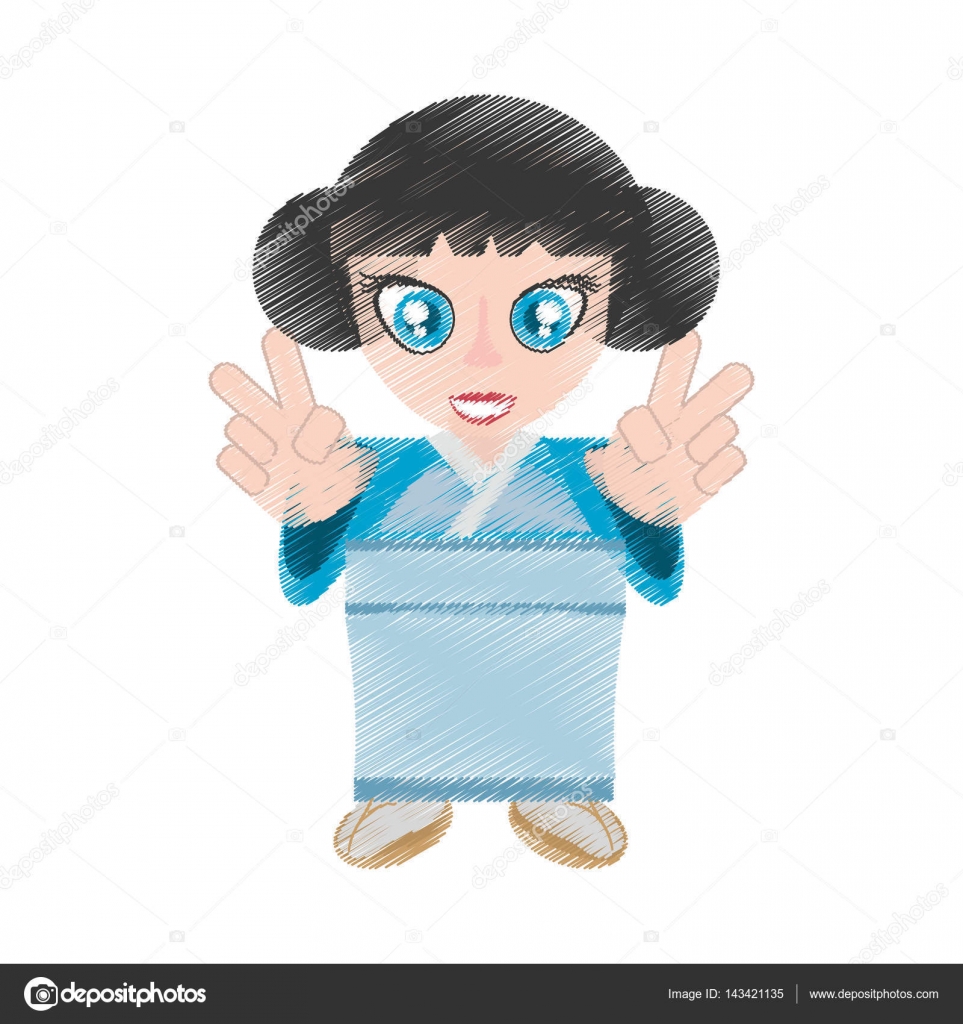 963x1024 Drawing Traditional Japanese Girl Blue Kimono Stock Vector Djv