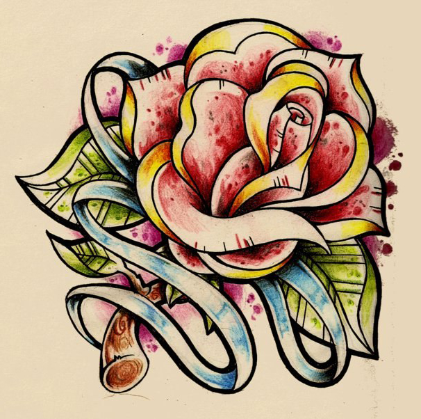 606x602 Traditional Rose Drawing Tattoo With Stripe Best Tattoo Ideas