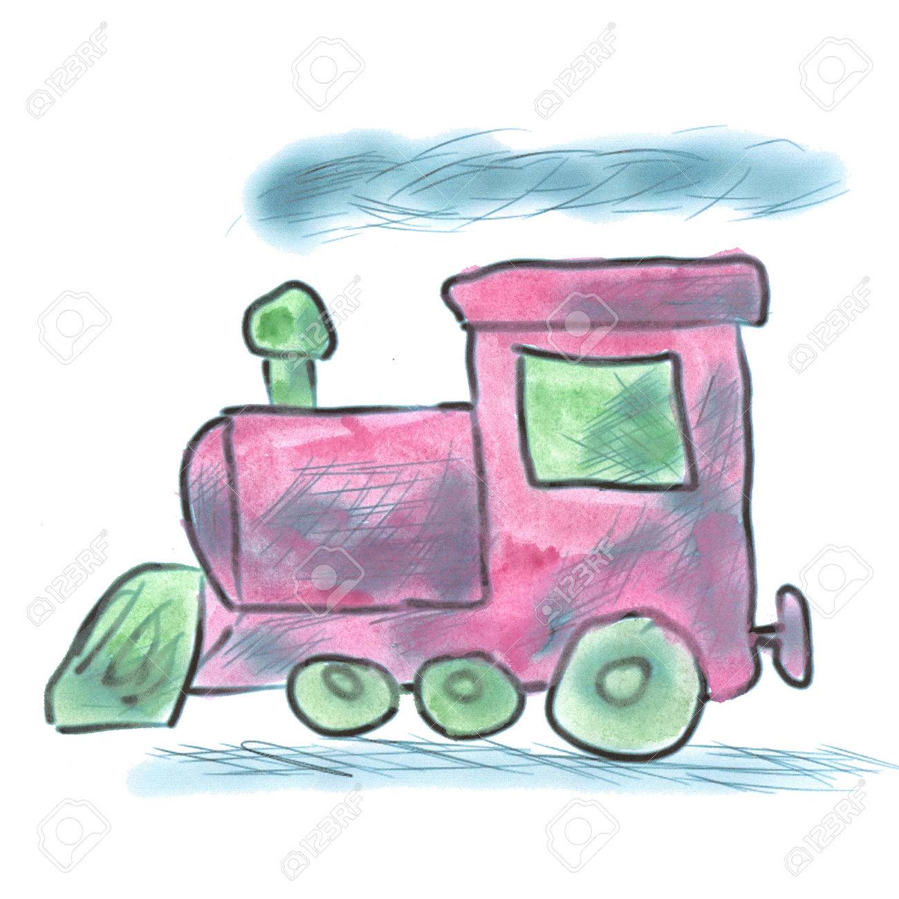 1300x1300 Pink Watercolor Cartoon Train Isolated Handmade Stock Photo