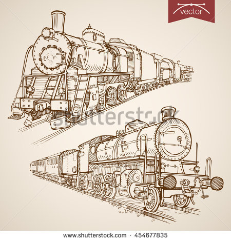 450x470 Engraving Vintage Hand Drawn Vector Retro Train Collection. Pencil