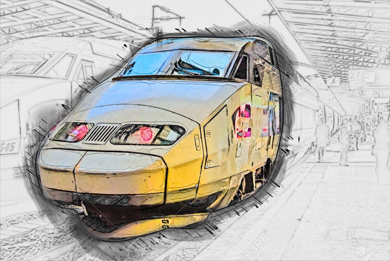 1300x870 Trains On Train Station. Painting Of Travel Scene, Pencil Drawing