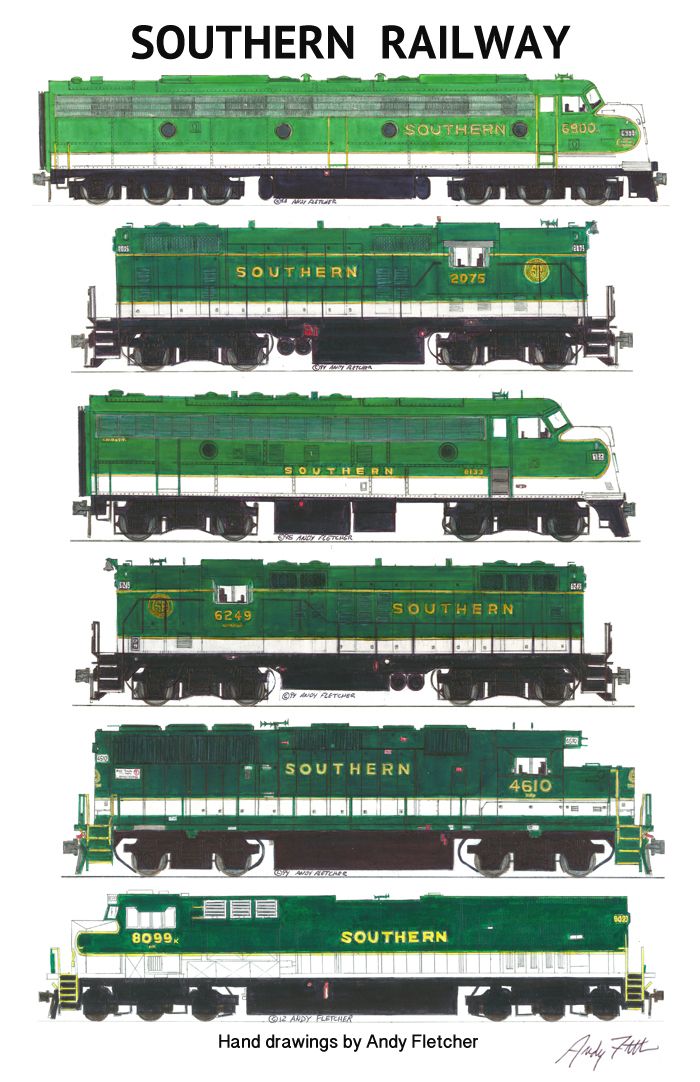 700x1082 6 Hand Drawn Southern Railway Green Locomotive Drawings By Andy
