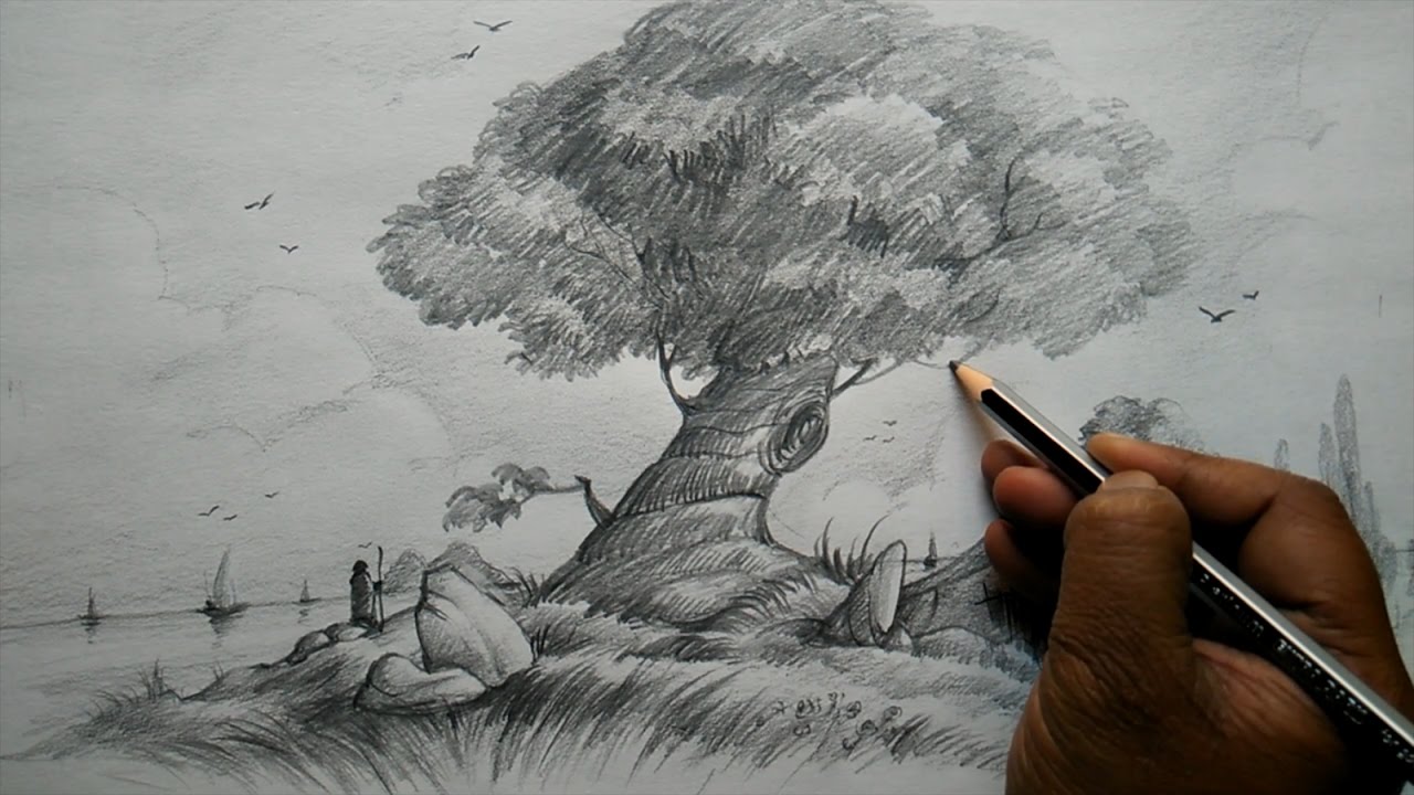 1280x720 How To Draw A Tree And House With Composition For Beginners
