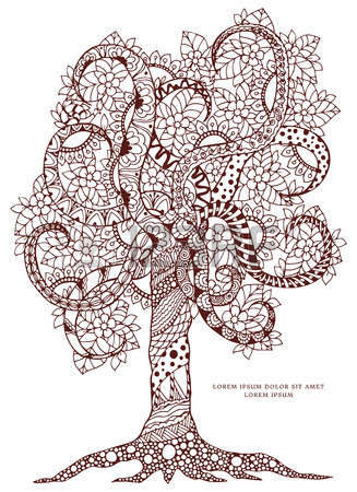 327x450 Vector Illustration Zen Tangle, Flower Tree With Ornaments. Doodle