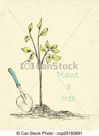 342x470 Spring Gardening Time Card. Hand Drawn Tree Planting. Vector