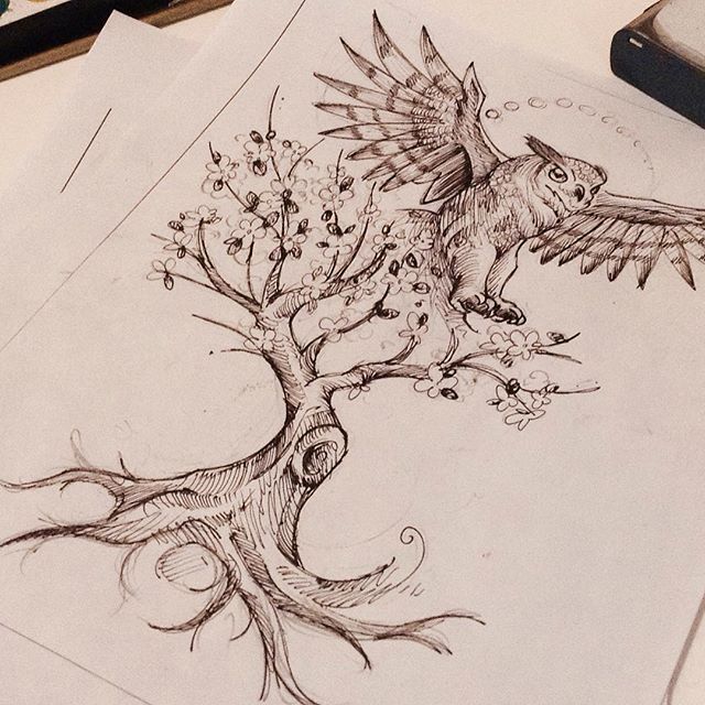 640x640 Flying Birds With Amazing Owl And Tree Tattoo Drawing