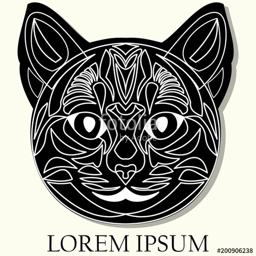 500x500 Ornamental Black Cat Head. Black Silhouette With Ornamental