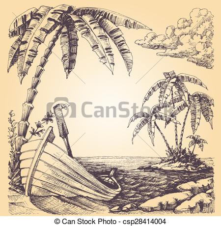 450x460 Boat On Sea Shore, Tropical Island And Palm Tree Vector Clipart