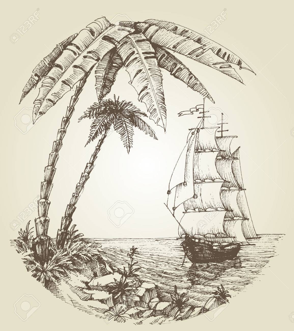 1155x1300 Sailing Boat On Sea And Tropical Island Destination Royalty Free