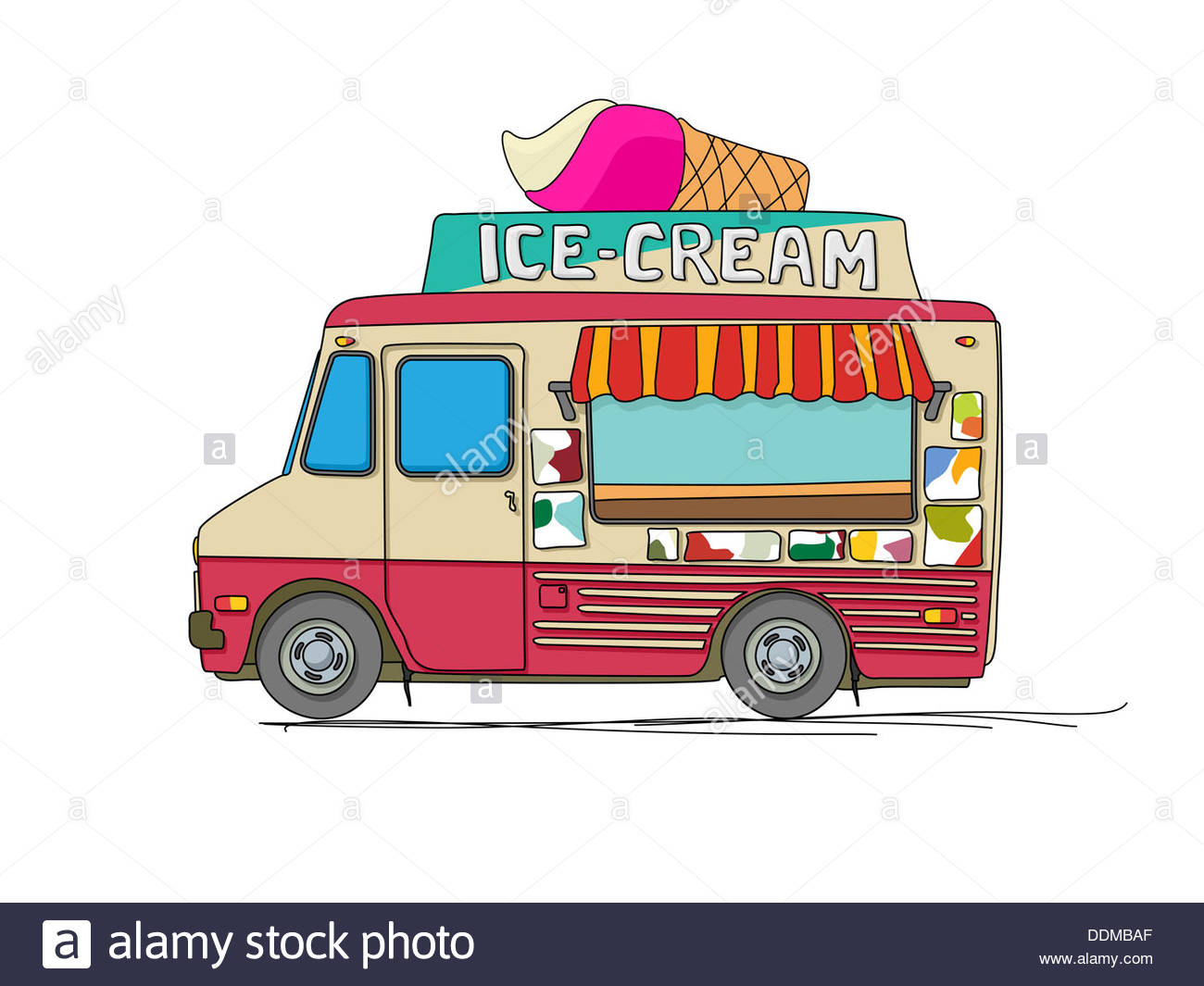 1300x1065 Ice Cream Truck Cartoon Drawing Over White Stock Photo 60069591