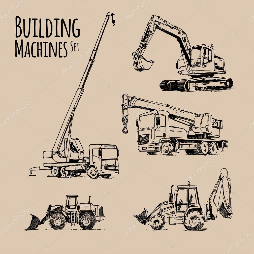 1024x1024 Truck Crane, Excavator, Bulldozer. Building Machines Set. Hand