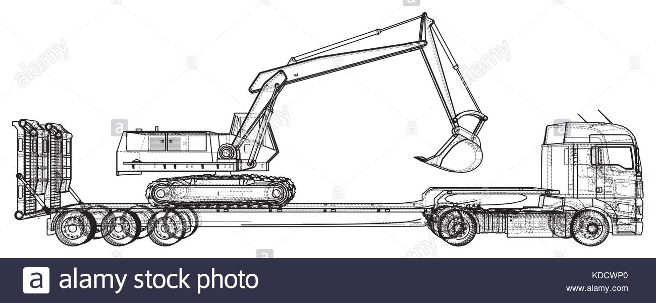 1300x602 Low Bed Truck Trailer And Excavator. Abstract Drawing. Tracing