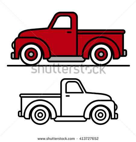 450x470 Two Cartoon Vintage Pick Up Truck Outline Drawings, One Red