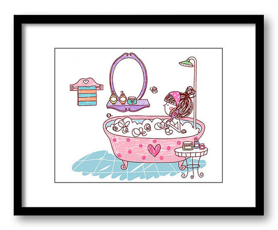 570x473 Girl In Bathtub Tub Bathroom Drawing Art Print By Kidsnurseryart