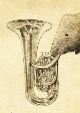 280x392 Tuba Elephant Sepia Drawing Animals Music Vintage Whimsical