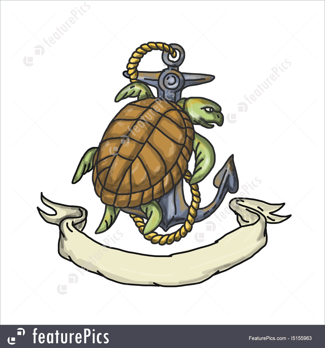 1300x1392 Illustration Of Ridley Sea Turtle On Anchor Drawing