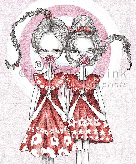 570x687 Twins Art Print, Pop Surrealism, 16 X 20, Lowbrow Drawing By
