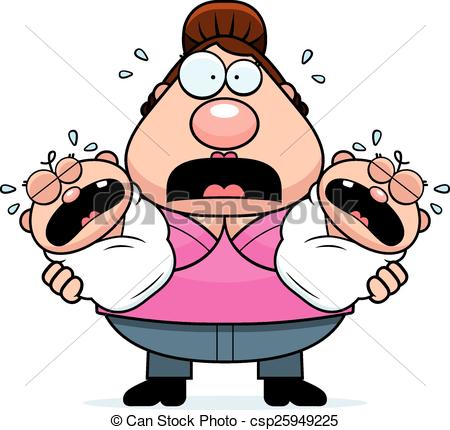 450x430 Scared Cartoon Mom With Twins. Cartoon Illustration
