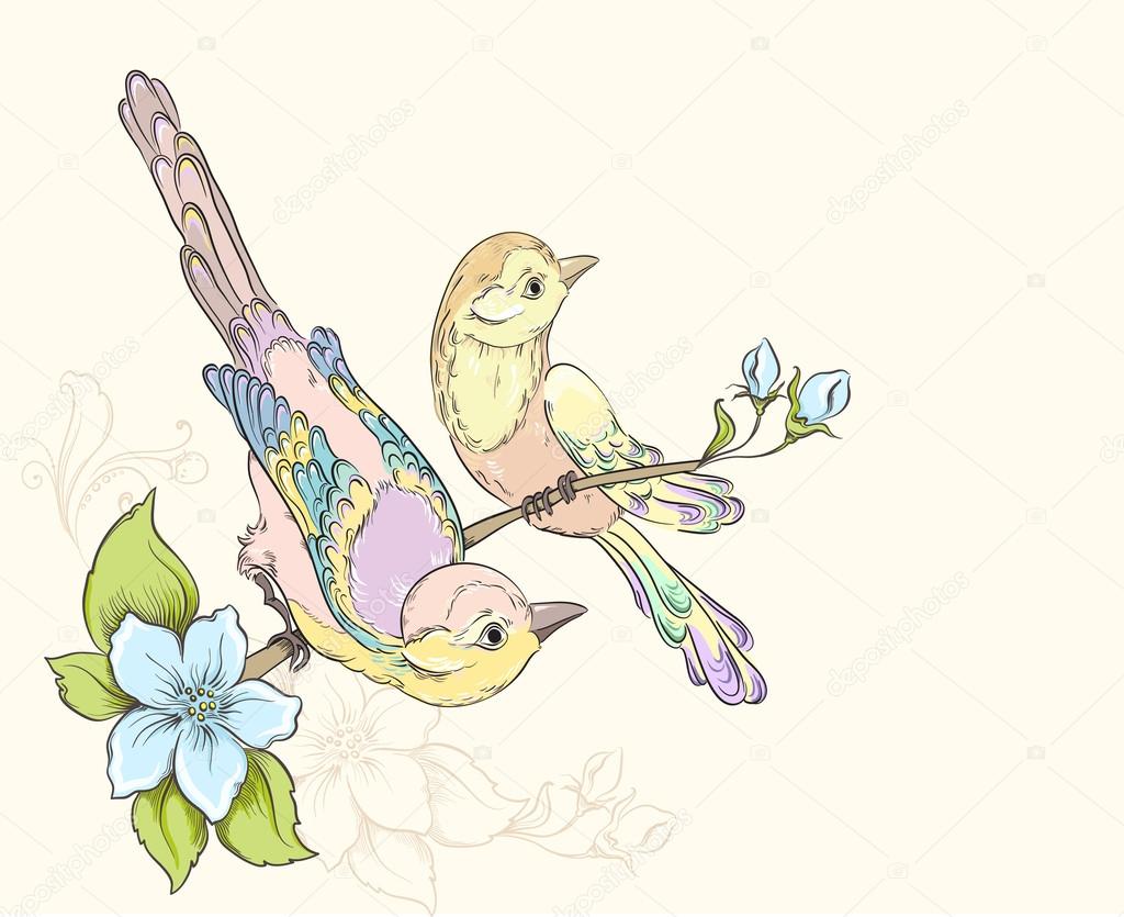 1024x835 Two Birds Sitting On Blooming Cherry Tree. Vector Illustration