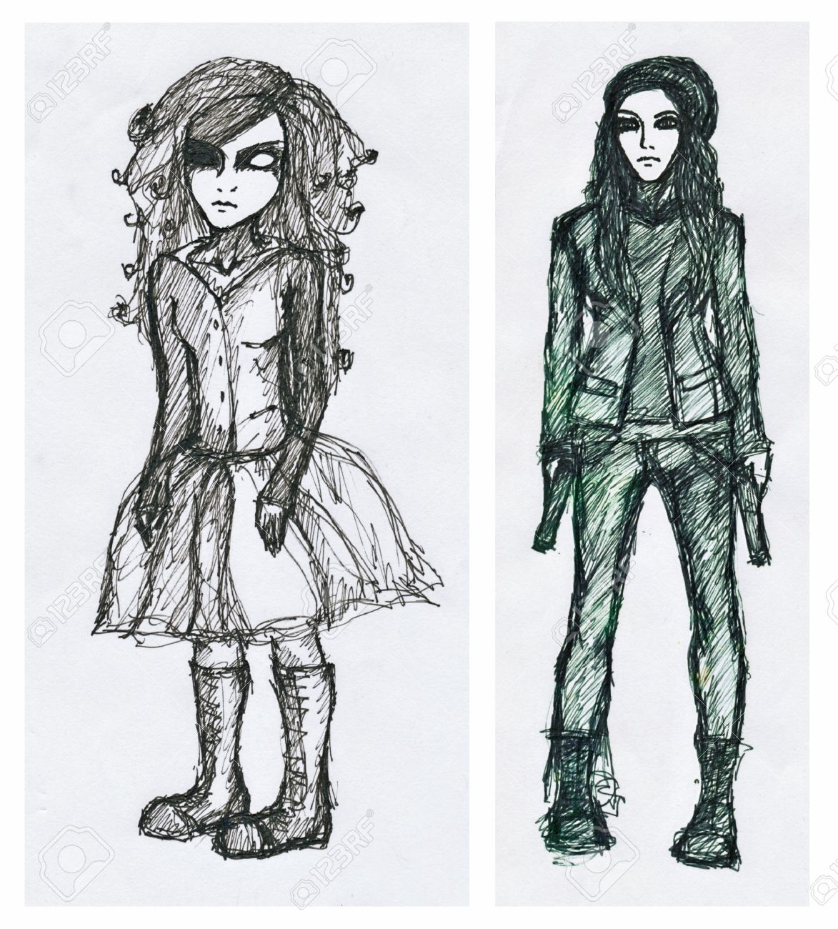 1173x1300 Hand Drawing Picture, Two Girls, Black Felt Tip Pen Stock Photo