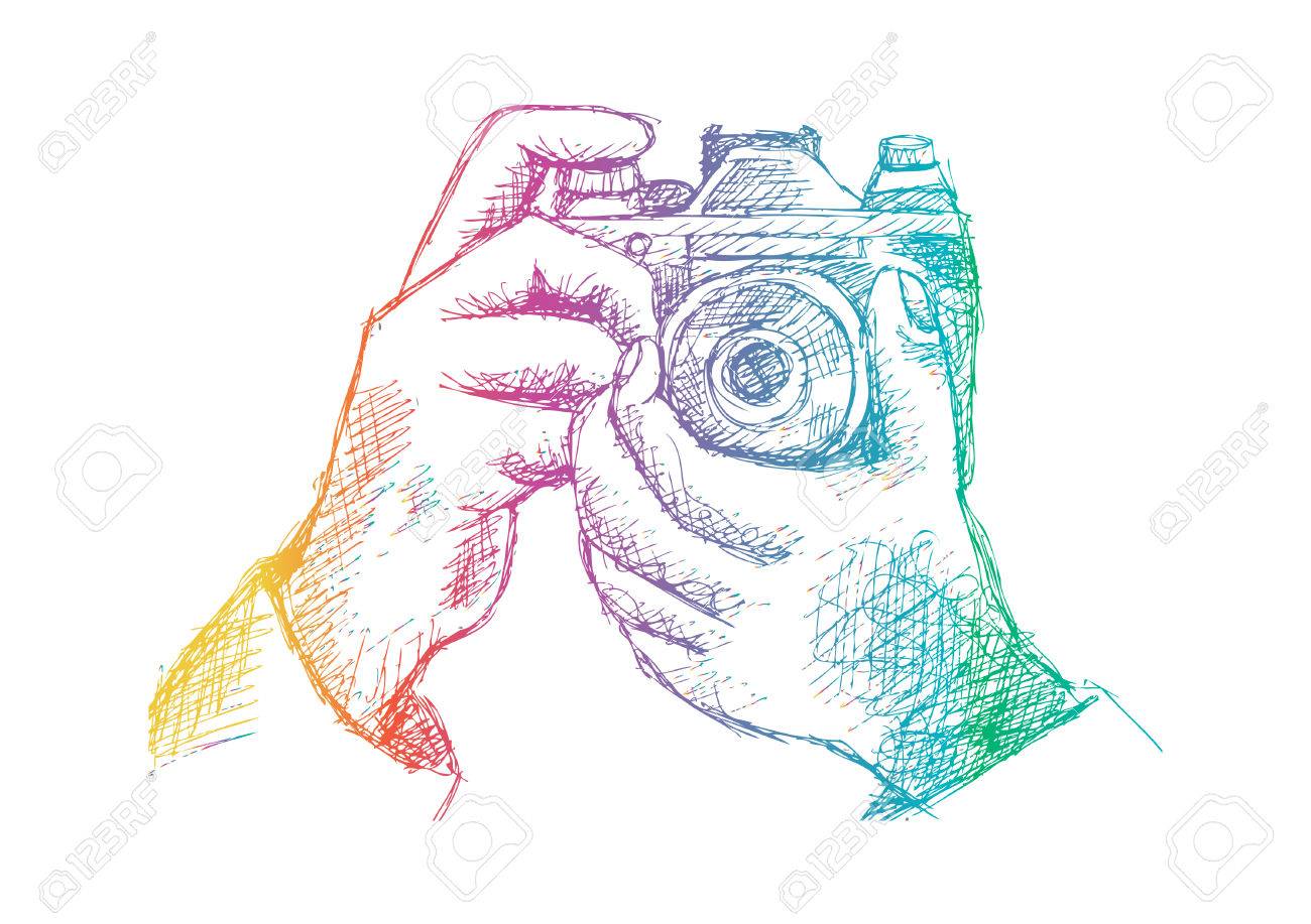 1300x917 Two Hands Holding A Camera. Hand Drawing Illustration. Royalty