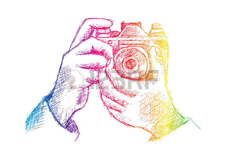 450x318 Two Hands Holding A Camera. Hand Drawing Illustration. Royalty