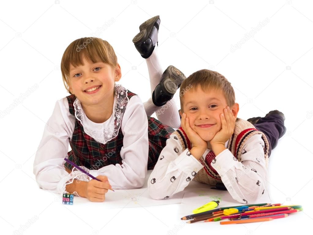 1023x769 Two Kids Drawing On The Floor Stock Photo Opolja