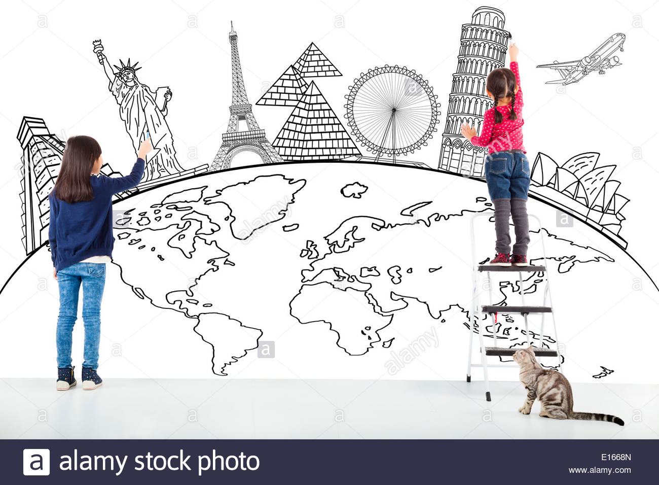 1300x956 Two Girl Kids Drawing Global Map And Famous Landmark Stock Photo