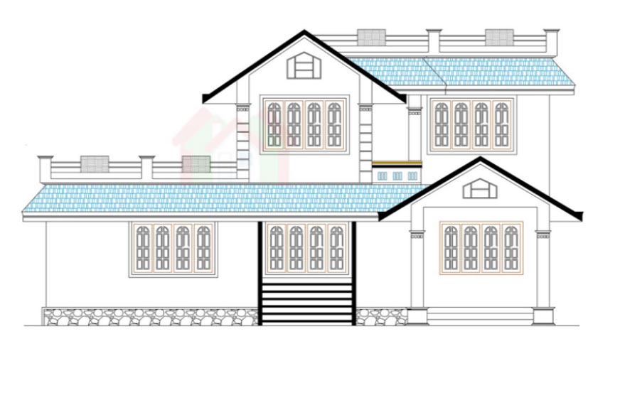 872x553 Drawing Of Kerala House, Two Storey, Three Bedrooms And 219 Square