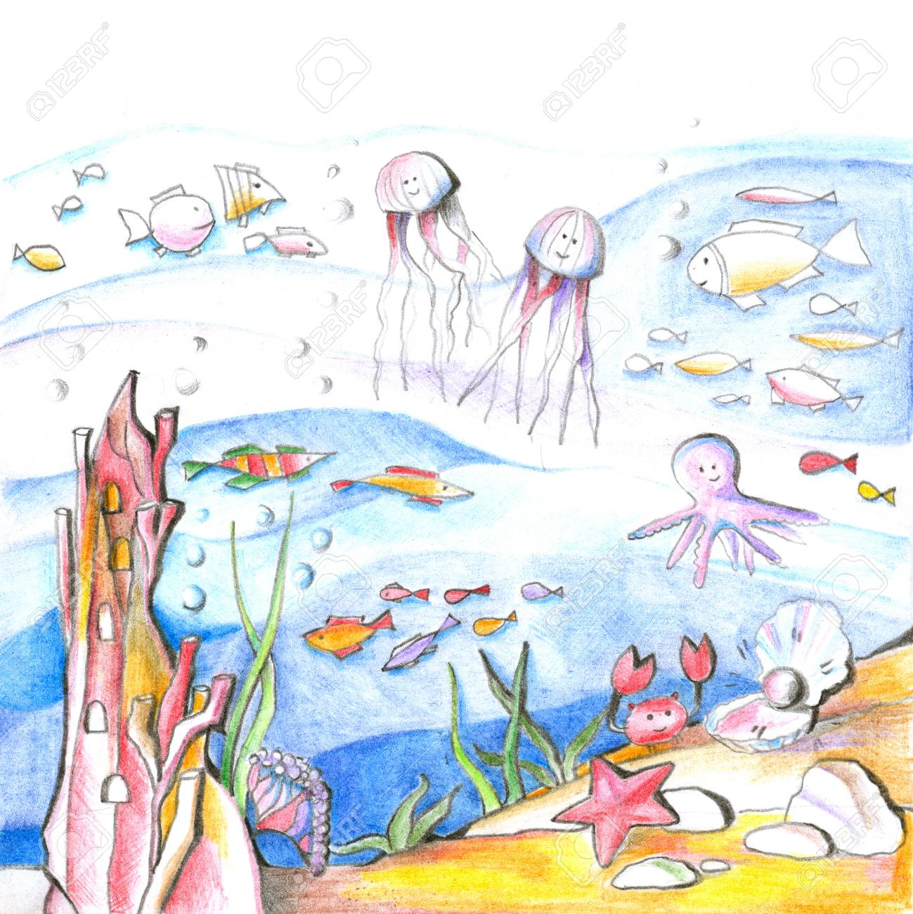 1299x1300 Mysterious Undersea World. Drawing With Colored Pencils