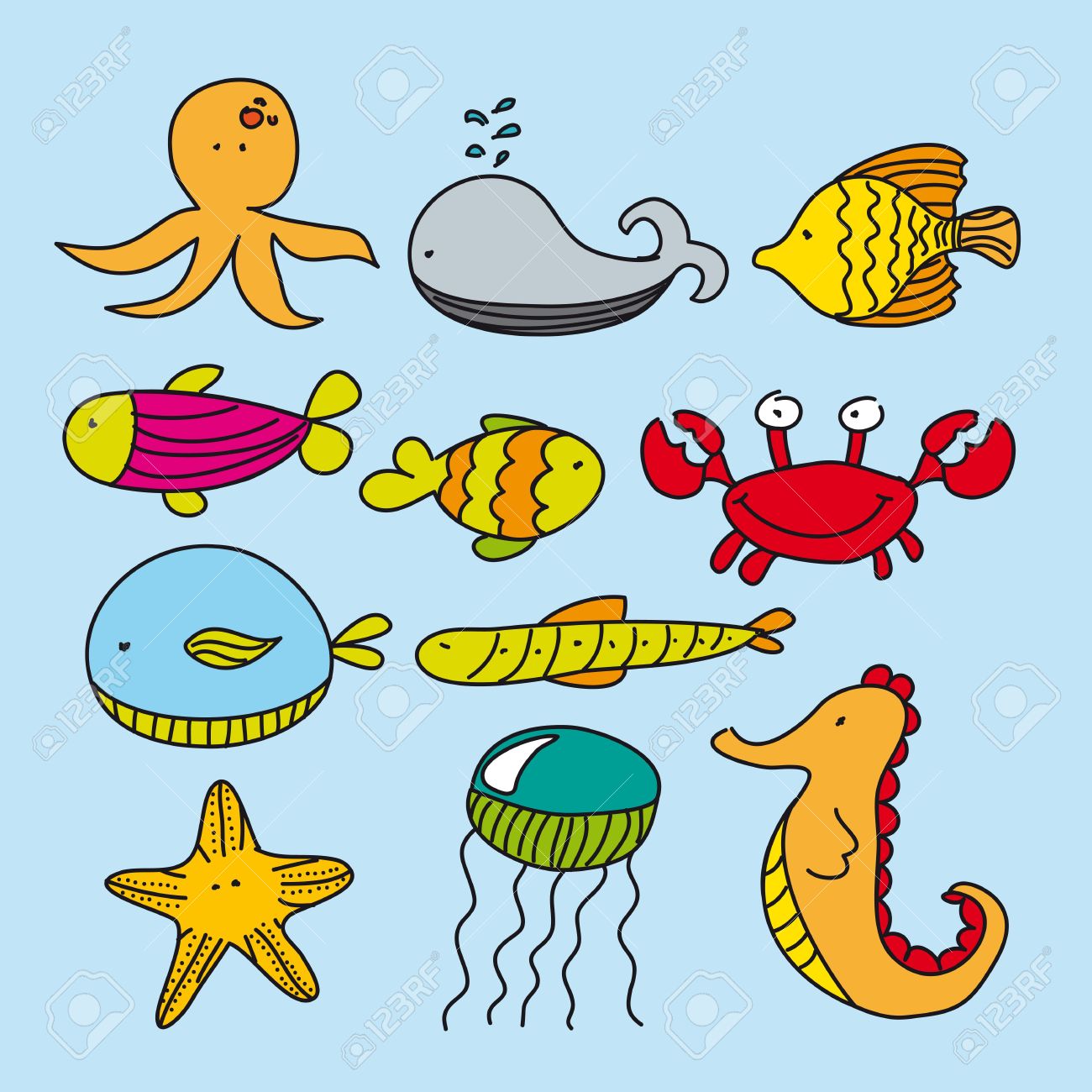 1300x1300 Cute Marine Animals, Hand Drawing. Vector Illustration Royalty