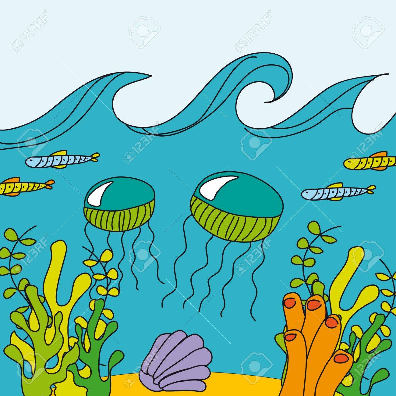1300x1299 Cute Sea With Marine Animals, Hand Drawing. Vector Royalty Free