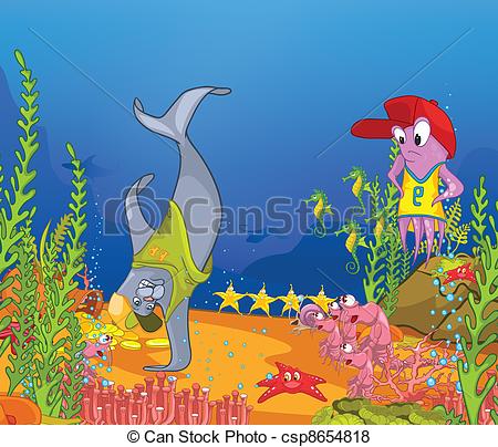 450x404 Ocean Underwater World Cartoon. Coral Reef With Alga And Vector