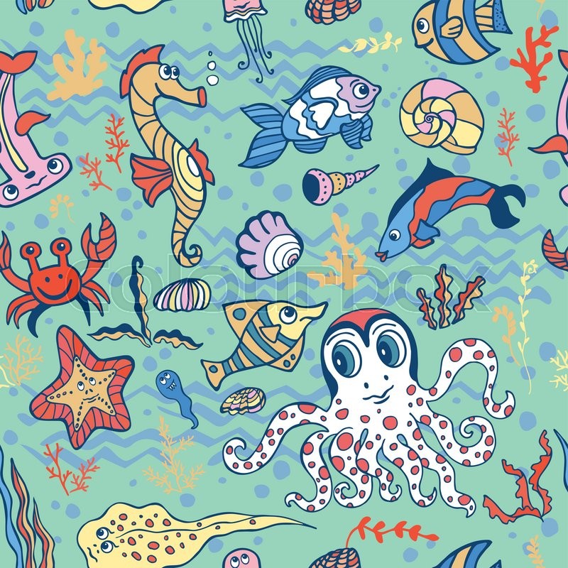 800x800 Sea Life Fish,animals Seamless Pattern,background. Funny Cartoon